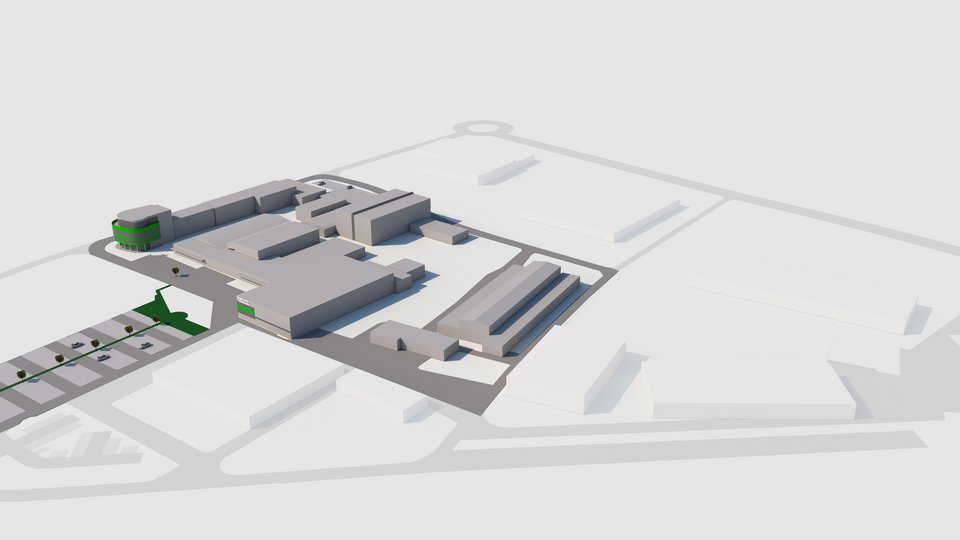 Ein graues 3D-Modell eines großen Gebäudekomplexes mit mehreren Strukturen befindet sich auf einem ansonsten weißen Stadtplan mit einigen grünen Flächen.