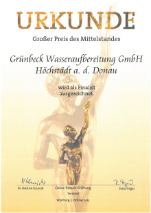 Urkunde für "Großer Preis des Mittelstandes", verliehen an Grünbeck Wasseraufbereitung GmbH, Höchstädt a. d. Donau, als Finalist ausgezeichnet.